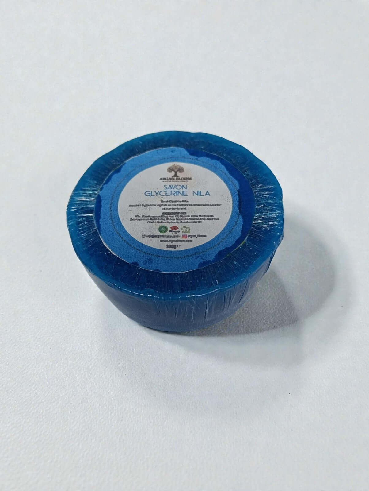 Savon glycérine au Nila marocaine - savon bleu en pot de 100 g avec étiquette.