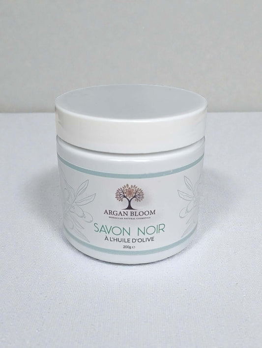 Savon noir à l’huile d’olive traditionnel marocain 200 g dans un pot de la marque Argan Bloom.